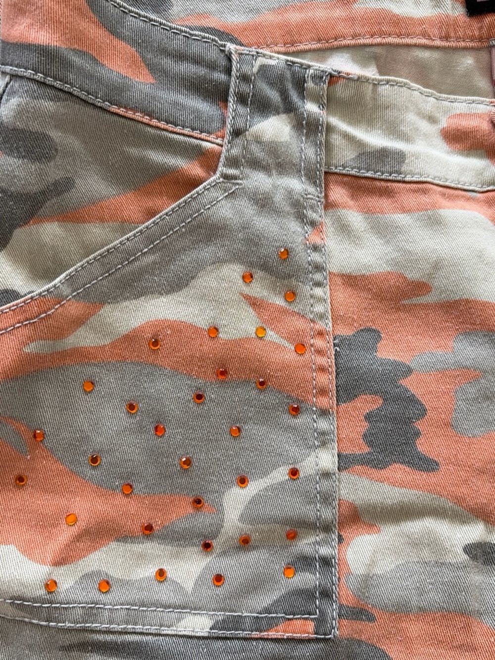 Bubblegum Coral & Gray Camo Flare Jeans with Orange Studs